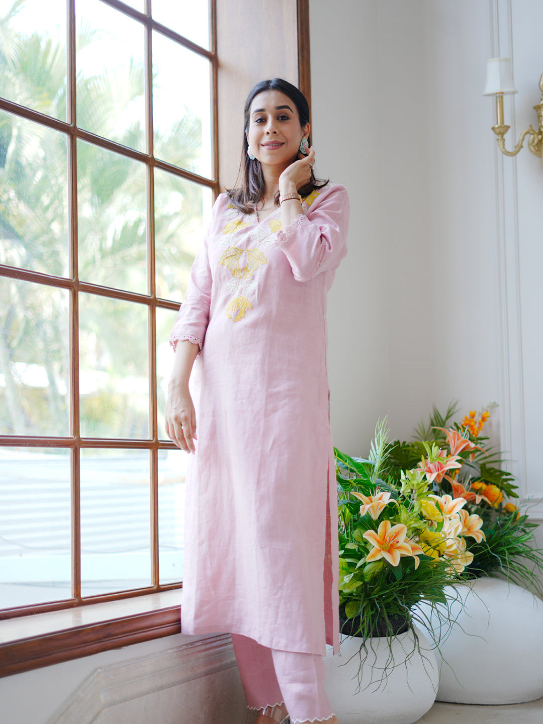 Neerus Pink linen embroidered kurta set - front view
