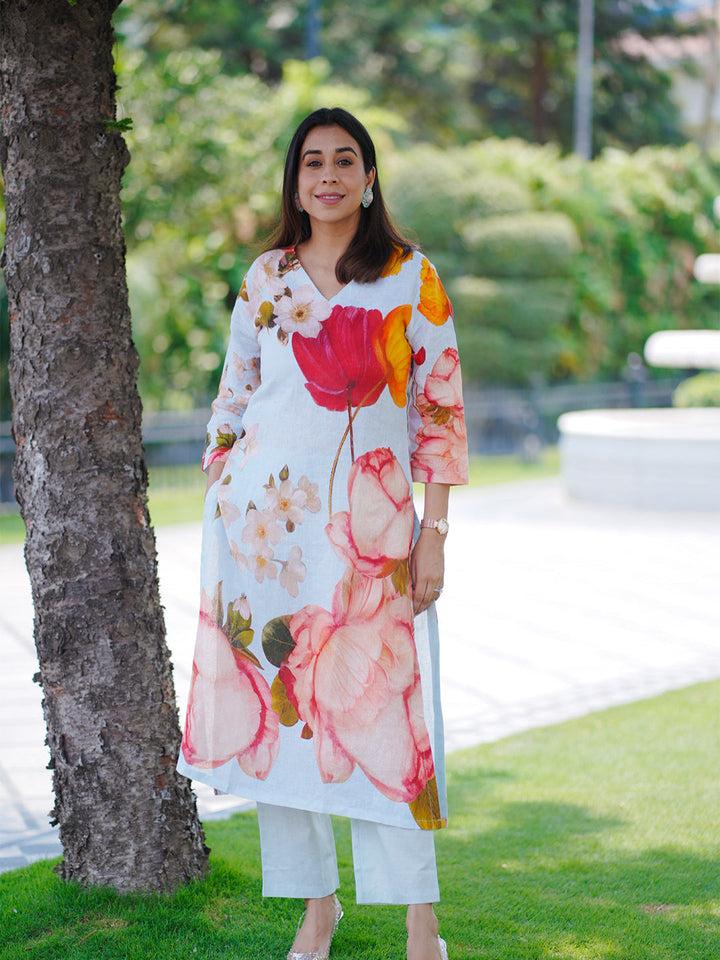 Neerus Blue linen printed kurta set - front view