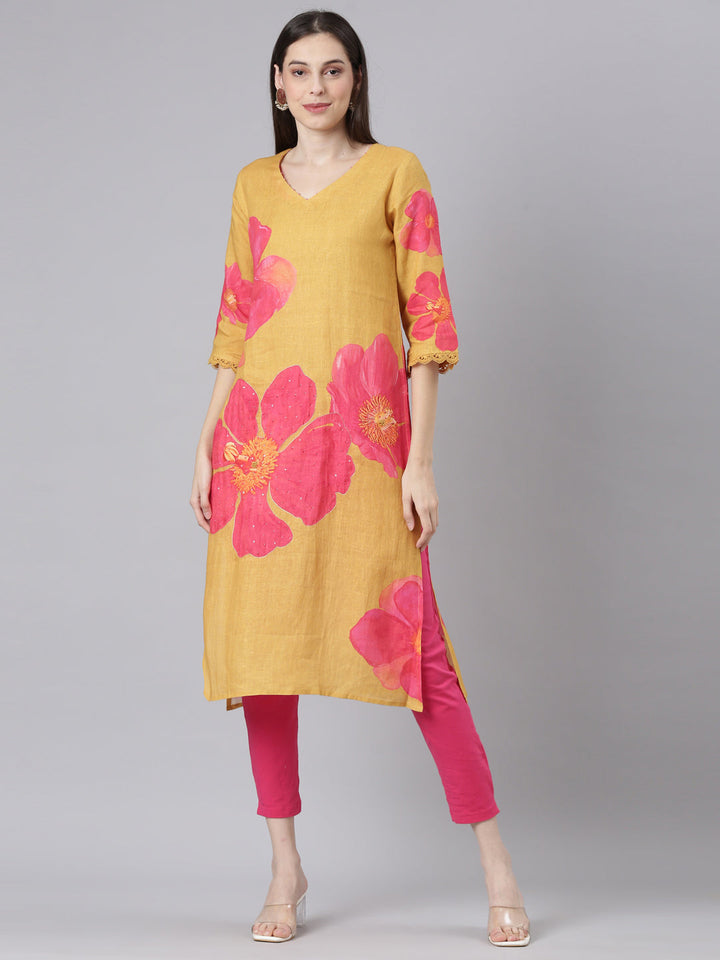 Neerus Mustard Casual Floral Straight Kurtas