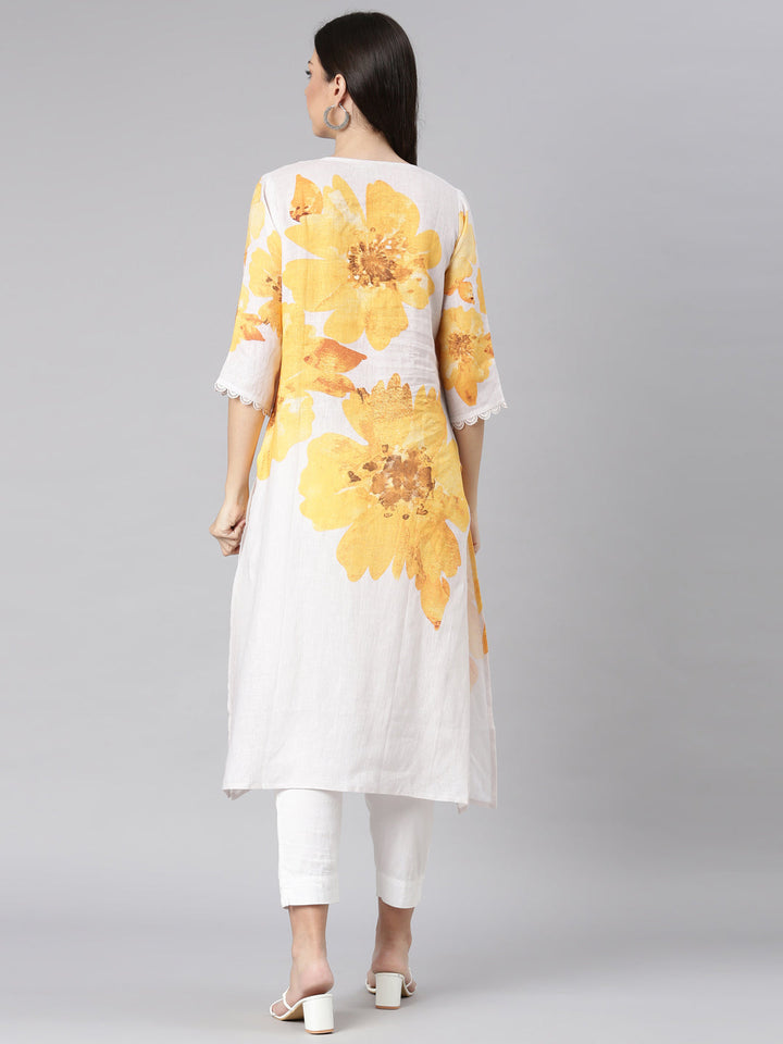 Neerus Yellow Casual Floral Straight Kurtas