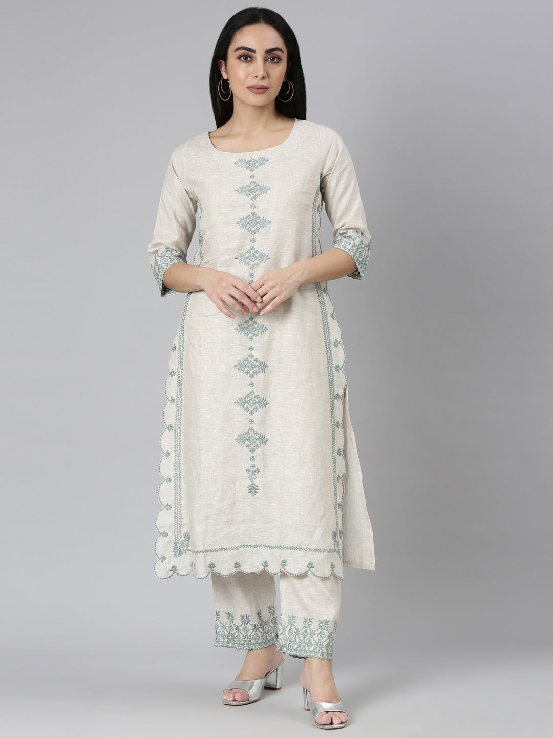 Neerus Beige linen embroidered kurta set - front view