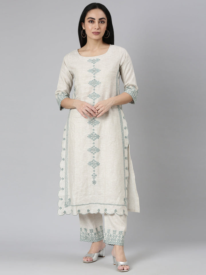 Neerus Beige linen embroidered kurta set - front view