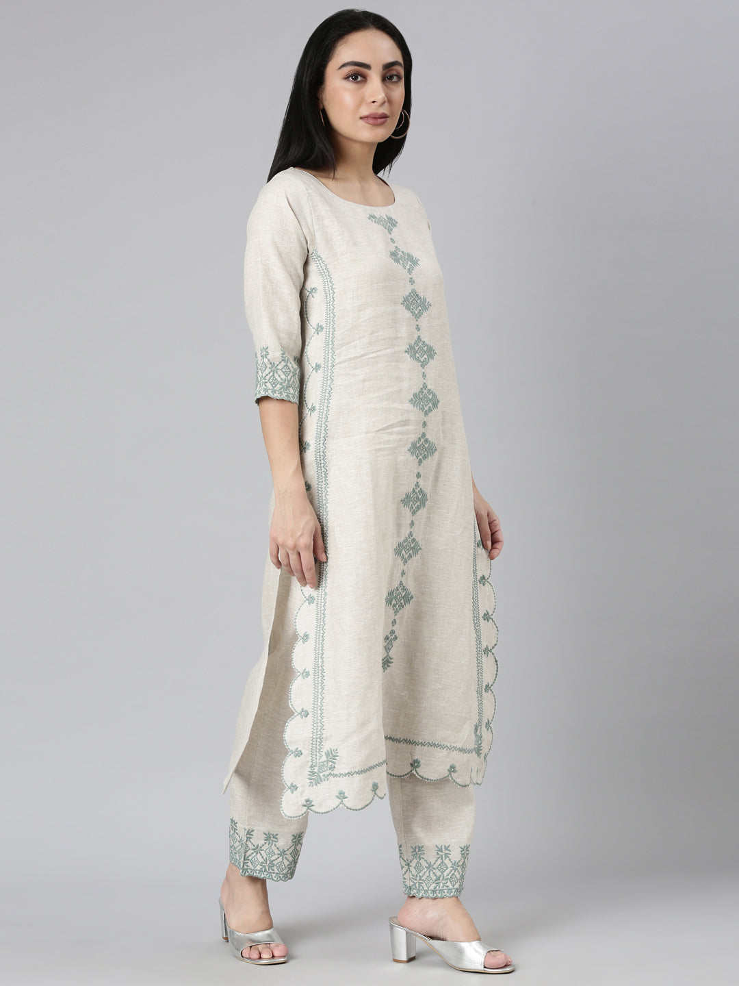 Neerus Beige linen embroidered kurta set - back view