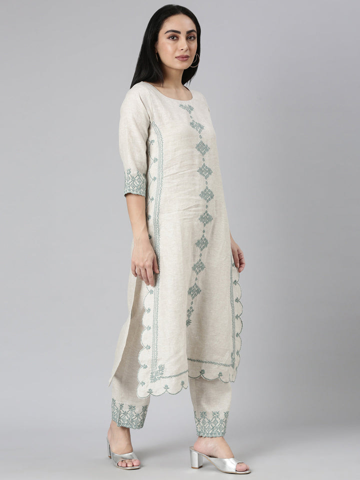Neerus Beige linen embroidered kurta set - back view