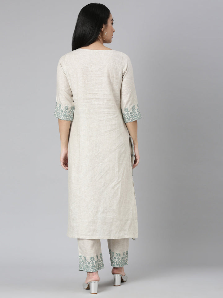 Neerus Beige linen embroidered kurta set - side view