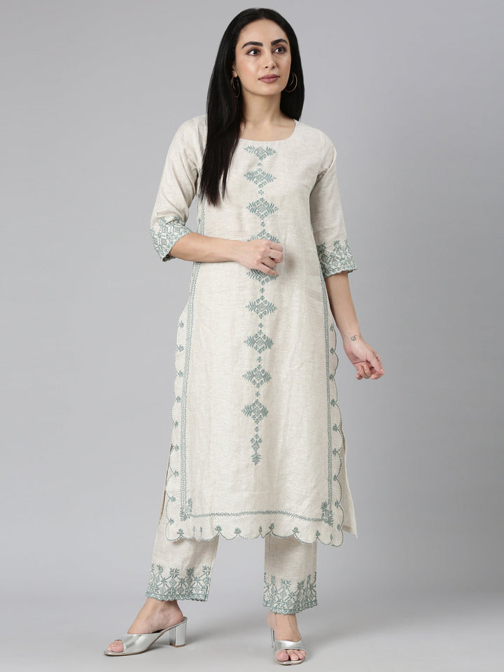 Neerus Beige linen embroidered kurta set - detail view 2