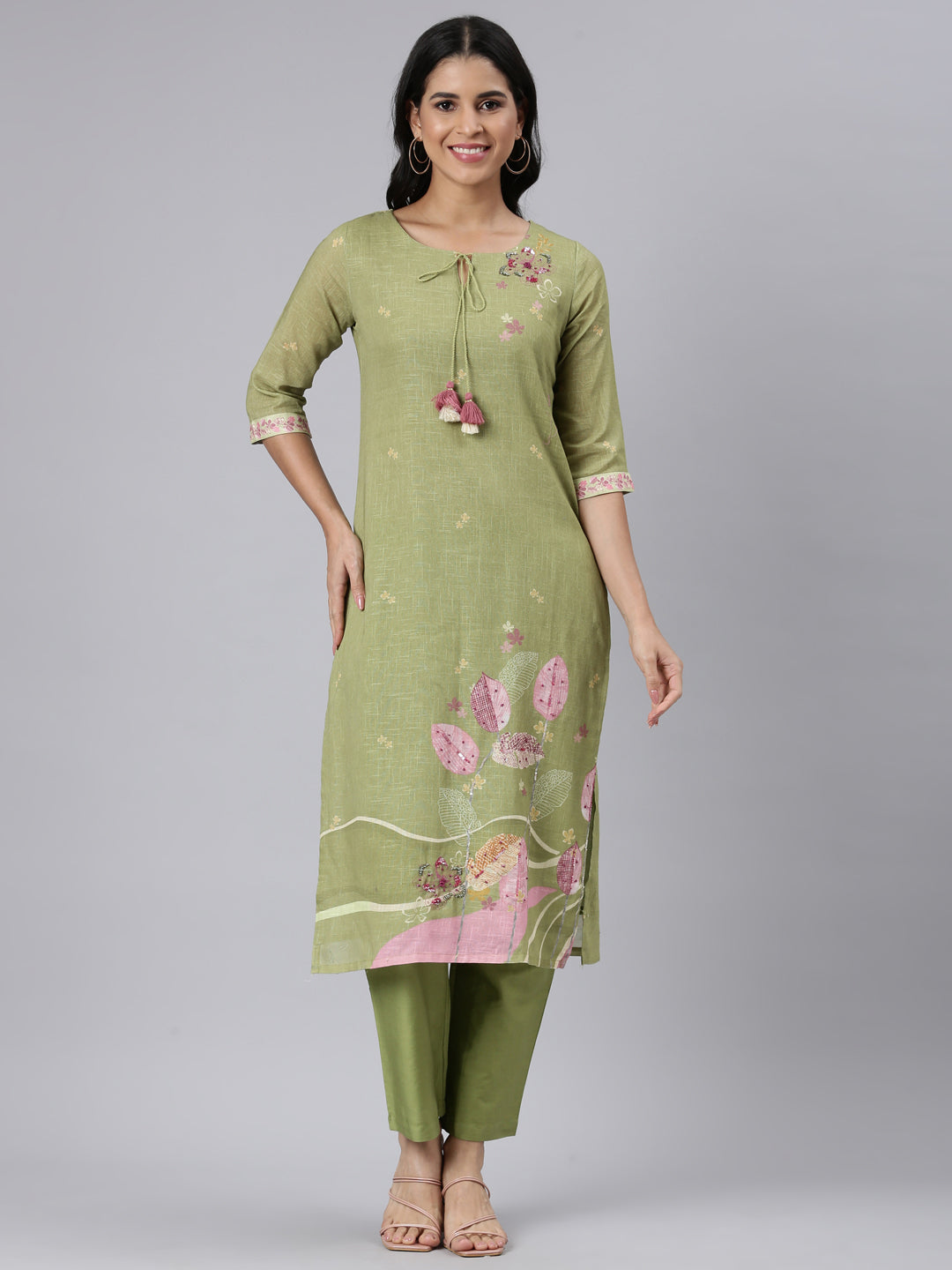 Neerus Green linen printed kurta set - front view