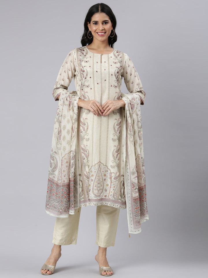 Neerus Cream Regular Straight Printed Kurta and Trousers With Dupatta