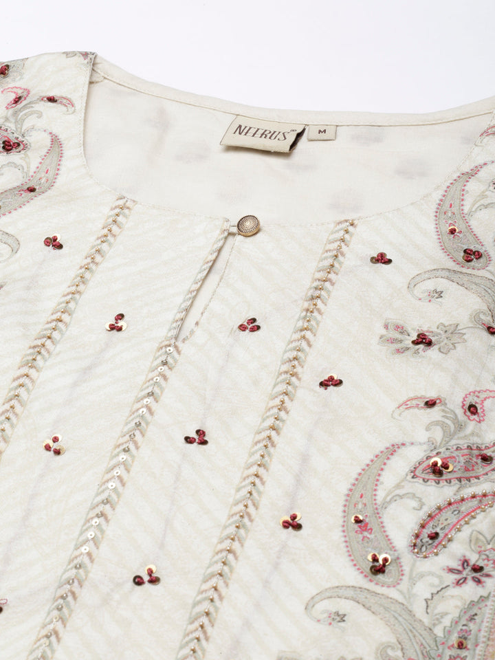 Neerus Cream Regular Straight Printed Kurta and Trousers With Dupatta