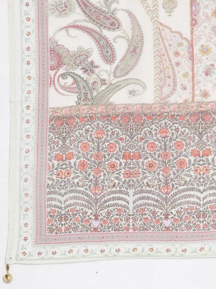 Neerus Cream Regular Straight Printed Kurta and Trousers With Dupatta