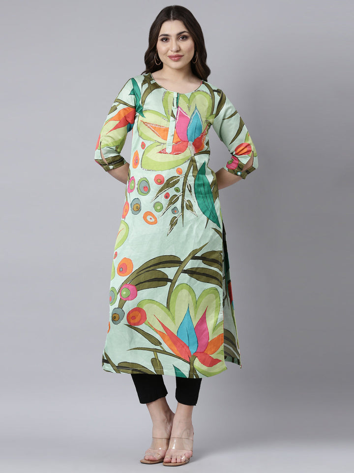 Neerus Green raw silk printed floral straight kurti - front view