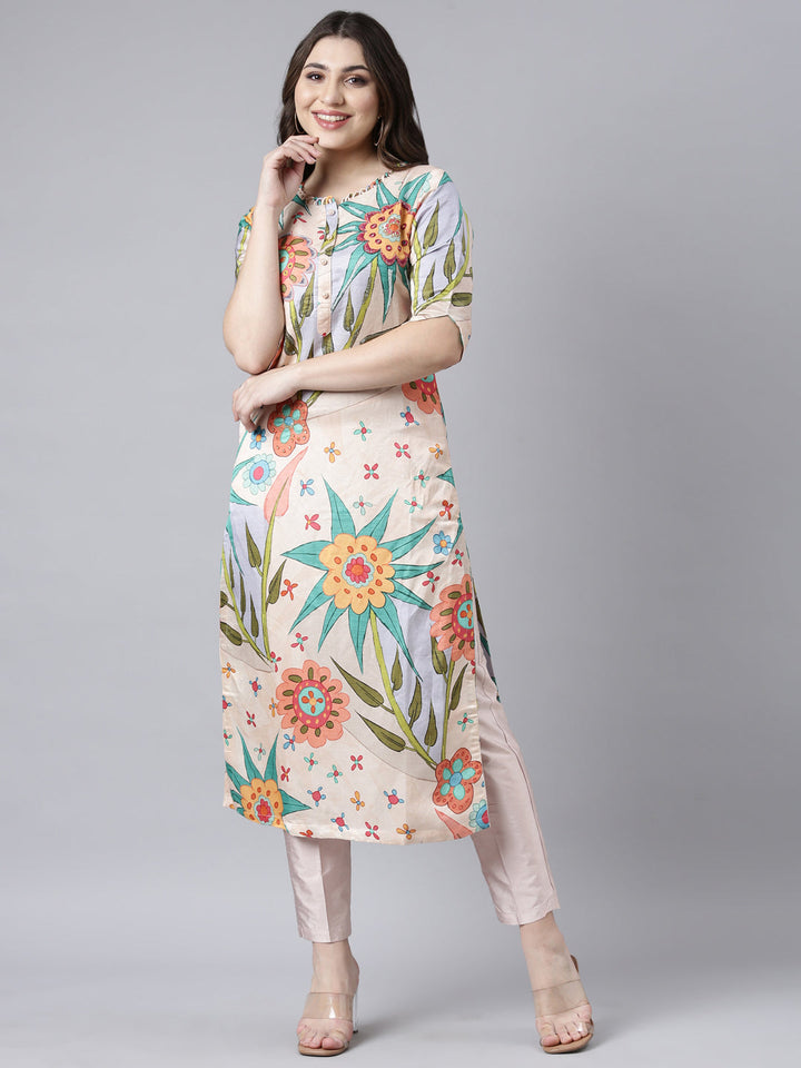 Neerus Orange raw silk printed floral kurti - detail view 2