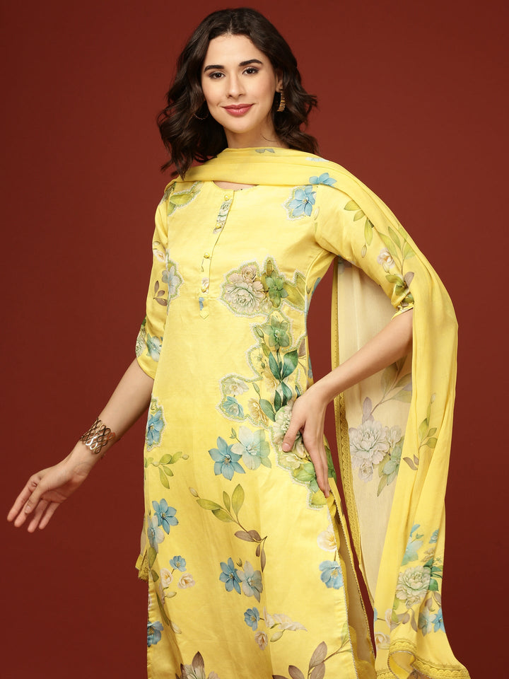 Yellow Viscose Floral Printed Three Piece Set