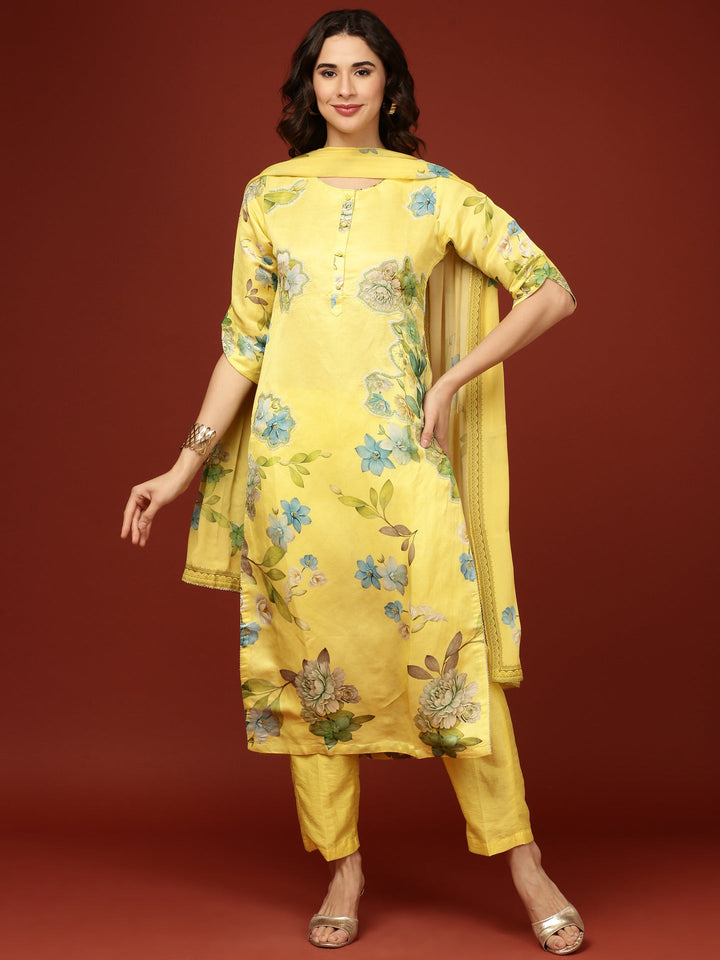 Yellow Viscose Floral Printed Three Piece Set