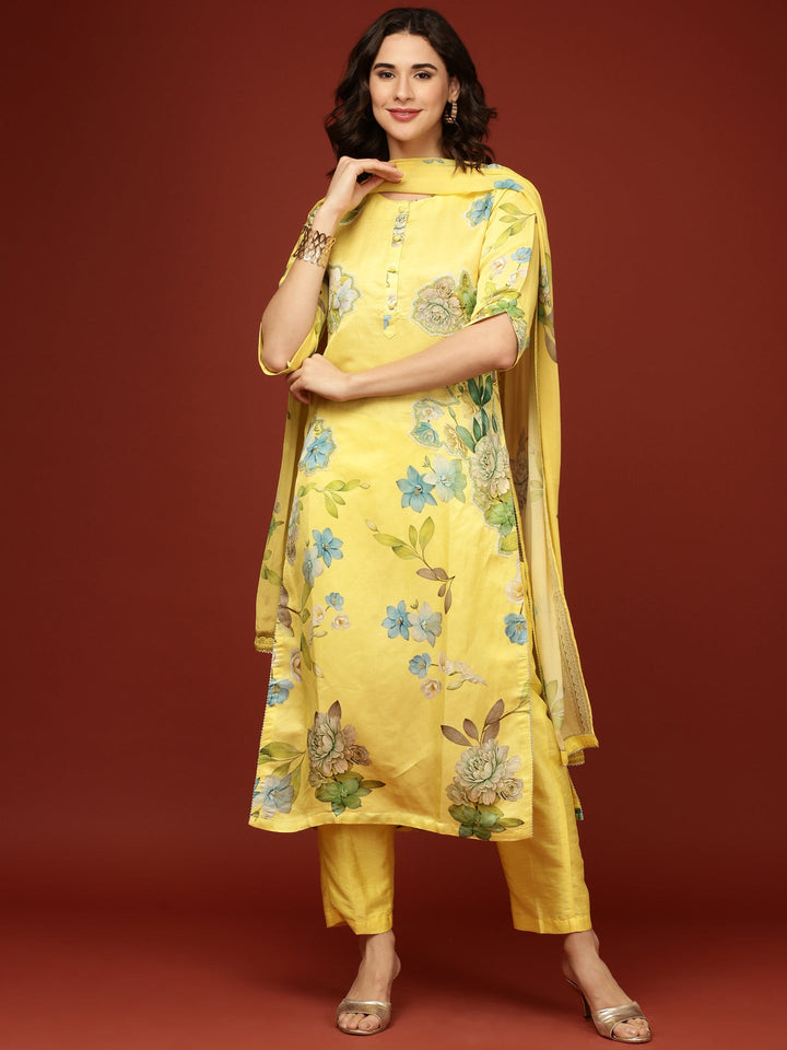 Yellow Viscose Floral Printed Three Piece Set