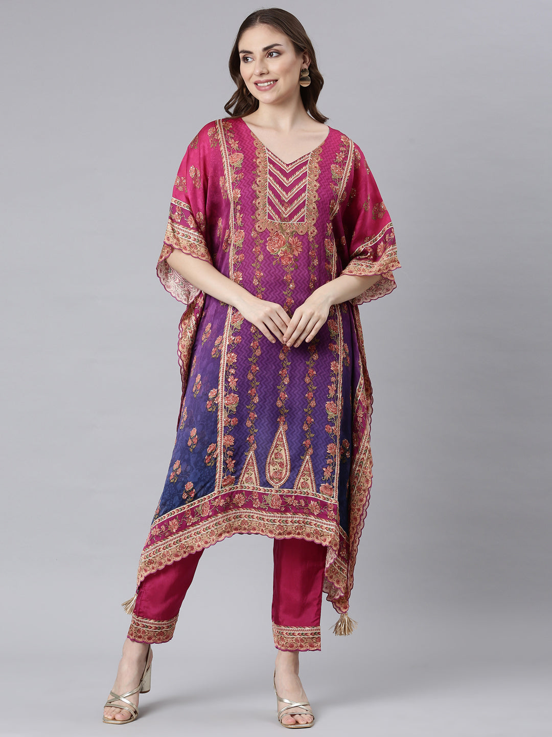 Neerus Multi crepe printed flared kurta set - front view