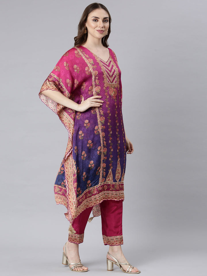 Neerus Multi crepe printed flared kurta set - side view