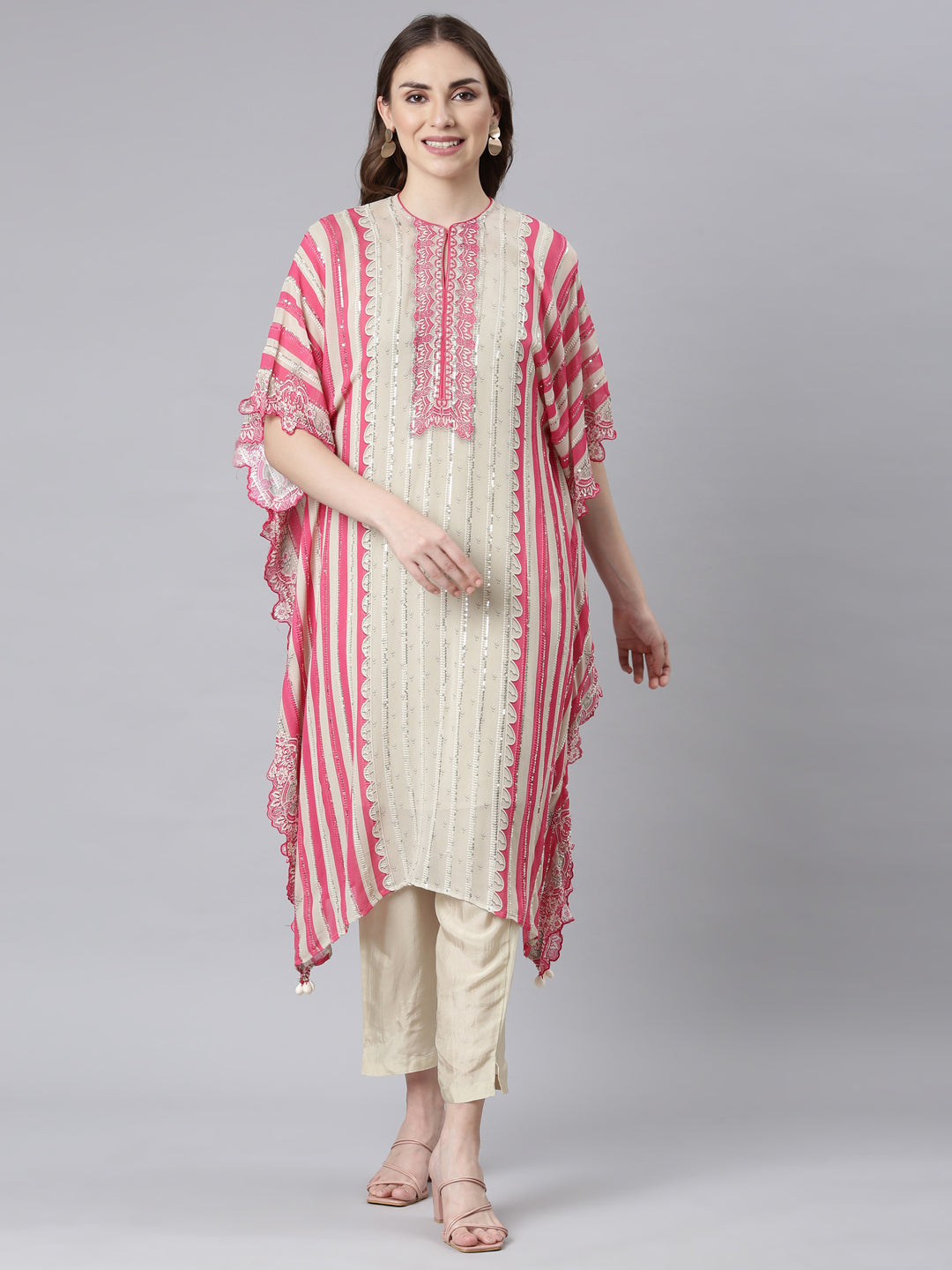 Neerus Beige georgette solid straight kurta set - front view
