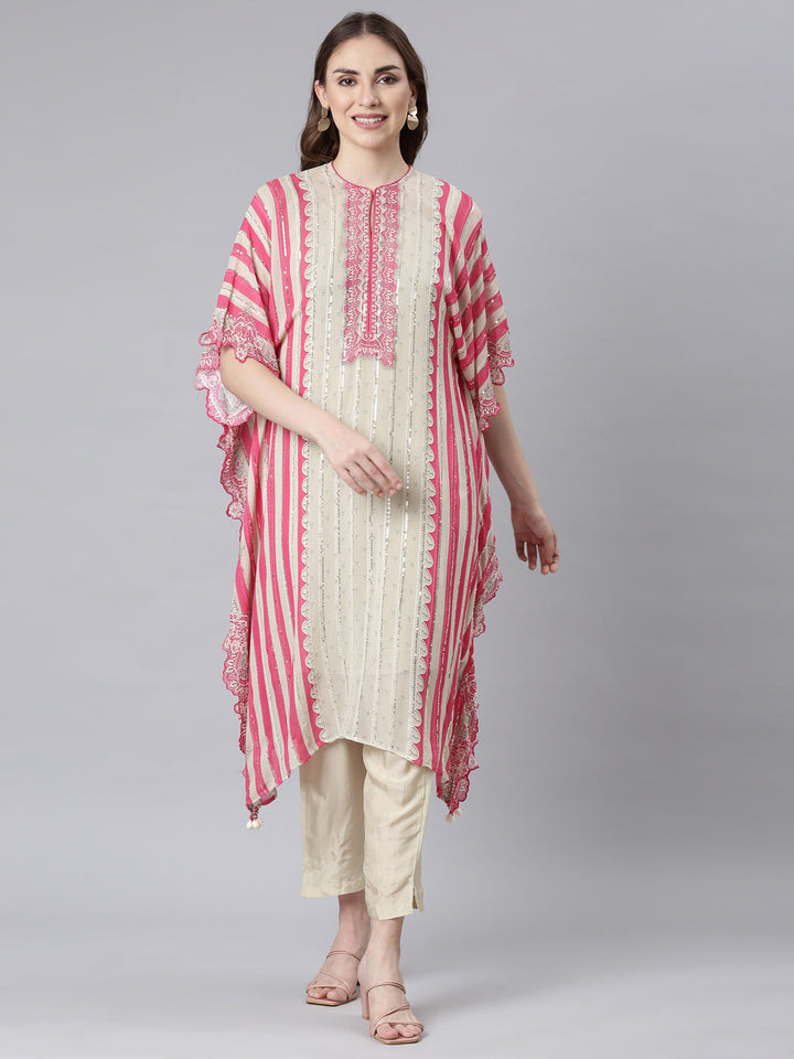 Neerus Beige georgette solid straight kurta set - front view
