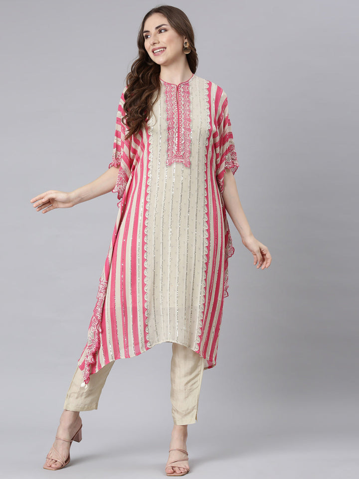 Neerus Beige georgette solid straight kurta set - detail view 1