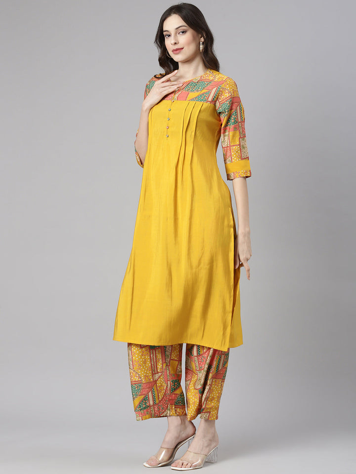 Neerus Mustard Solid Straight Kurta and Palazzos