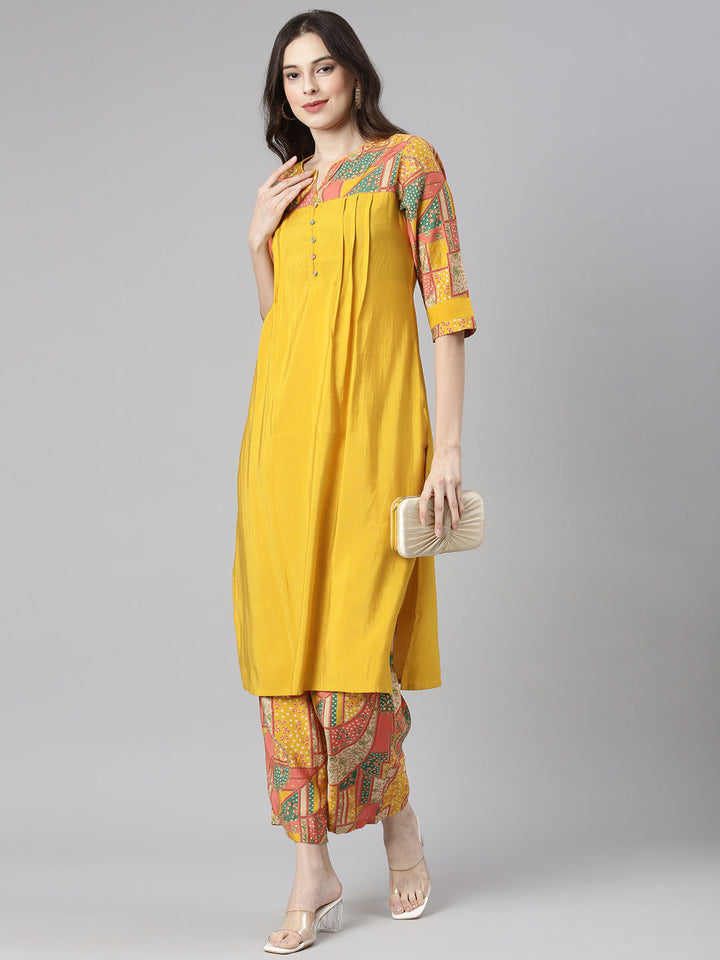 Neerus Mustard Solid Straight Kurta and Palazzos