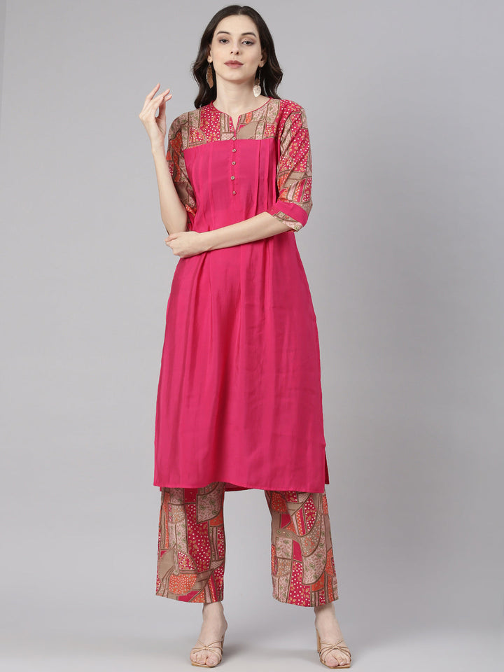 Neerus Pink Solid Straight Kurta and Palazzos
