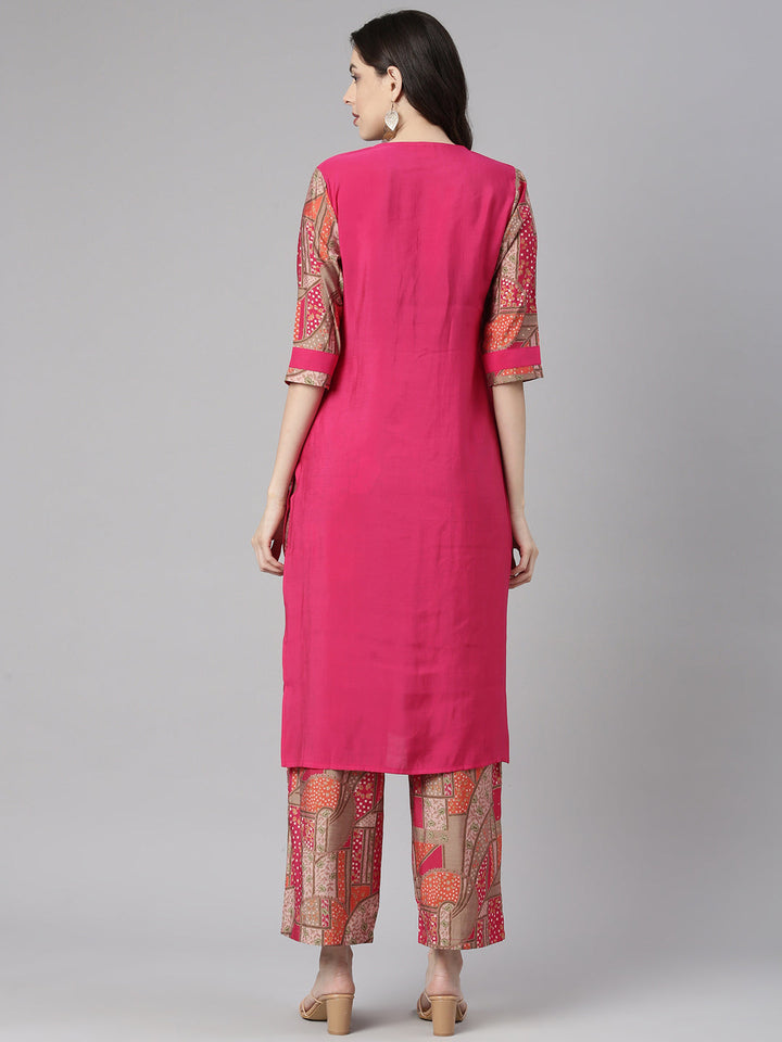 Neerus Pink Solid Straight Kurta and Palazzos