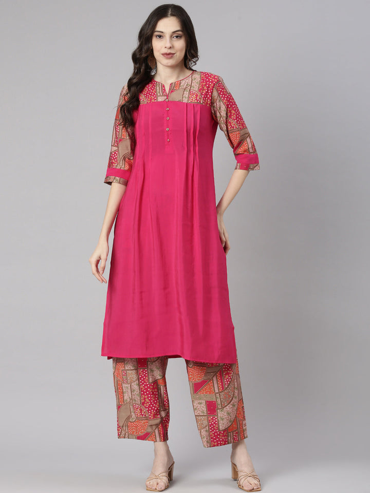 Neerus Pink Solid Straight Kurta and Palazzos