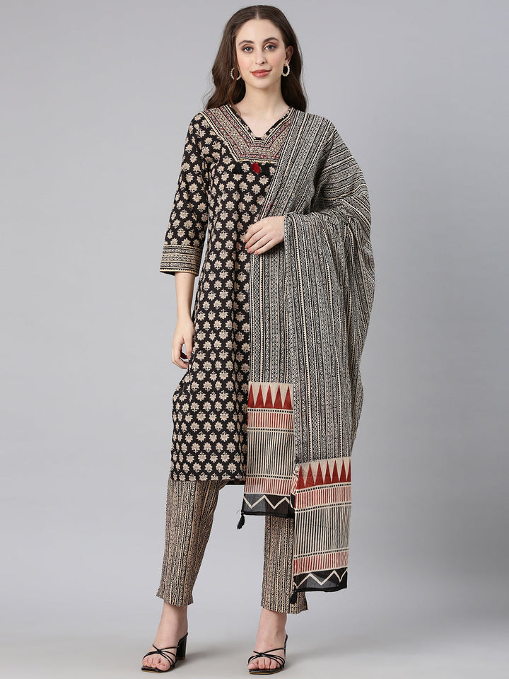 Neerus Black Printed Straight Kurta and Trousers With Dupatta
