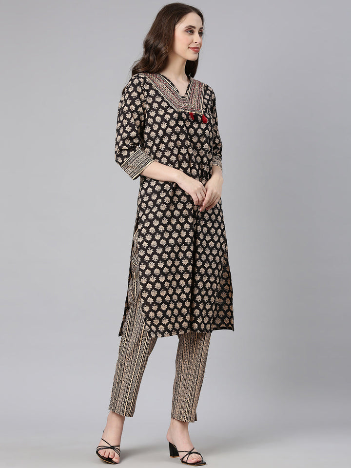 Neerus Black Printed Straight Kurta and Trousers With Dupatta