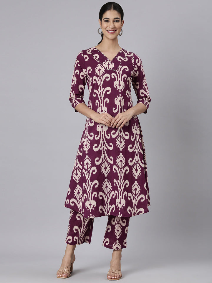 Neerus Purple Casual Printed Curved Kurta and Trousers