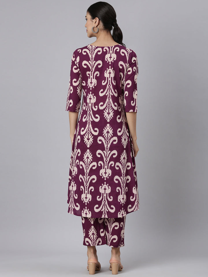 Neerus Purple Casual Printed Curved Kurta and Trousers