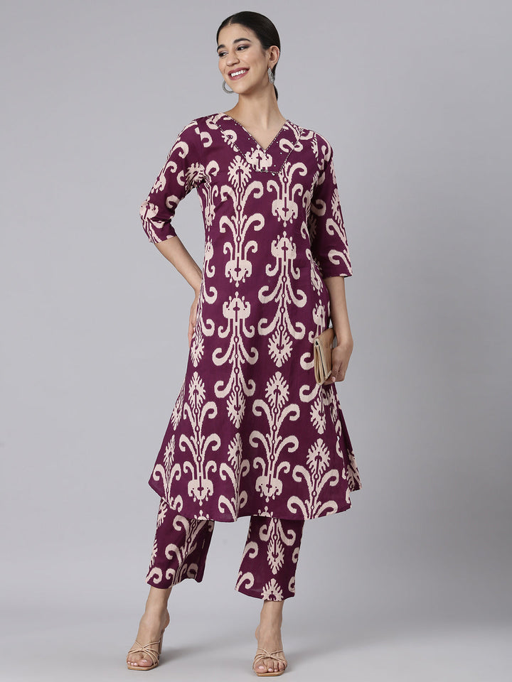 Neerus Purple Casual Printed Curved Kurta and Trousers