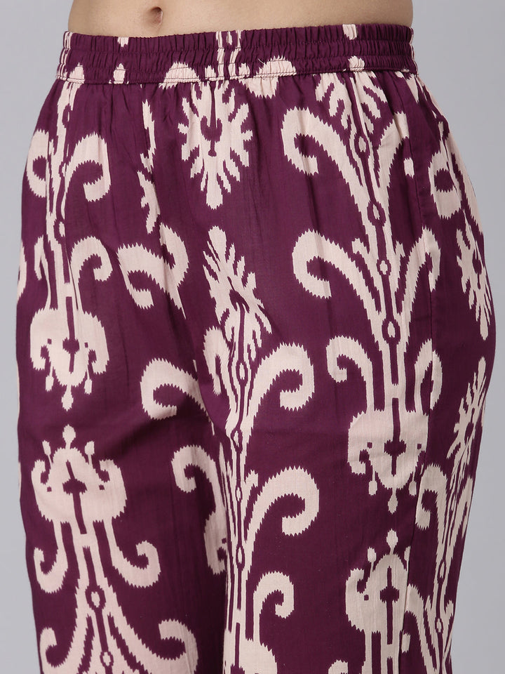 Neerus Purple Casual Printed Curved Kurta and Trousers