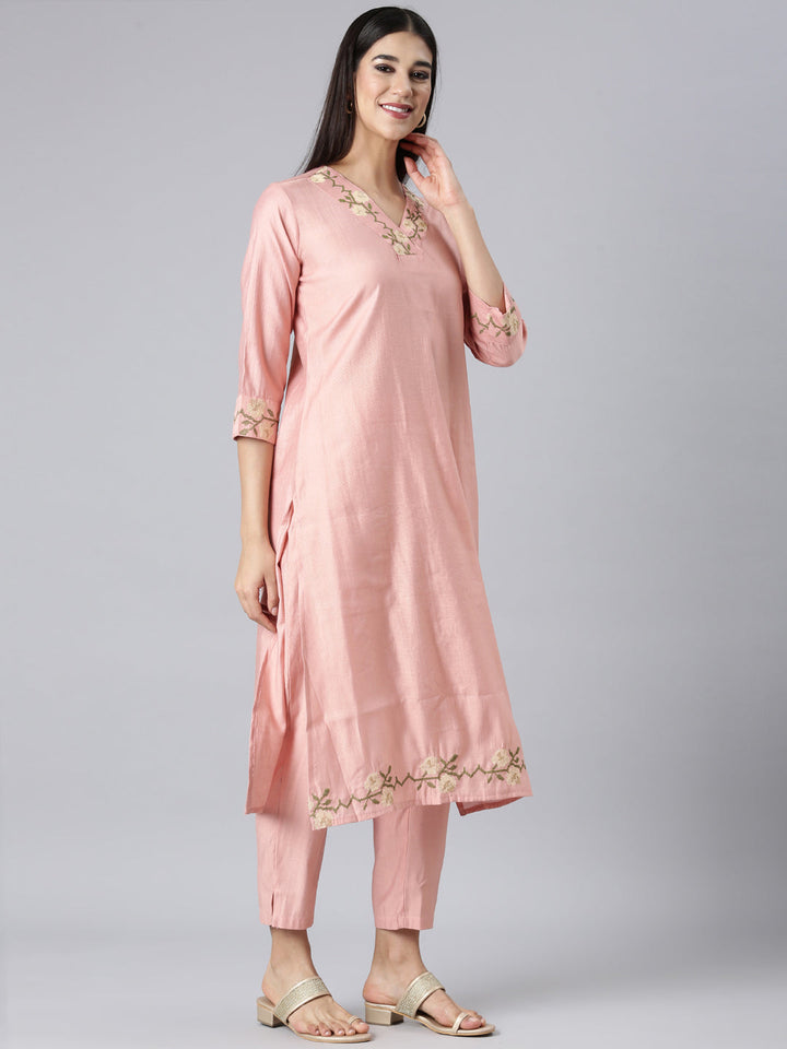 Neerus Peach Solid Straight Kurta and Trousers With Dupatta