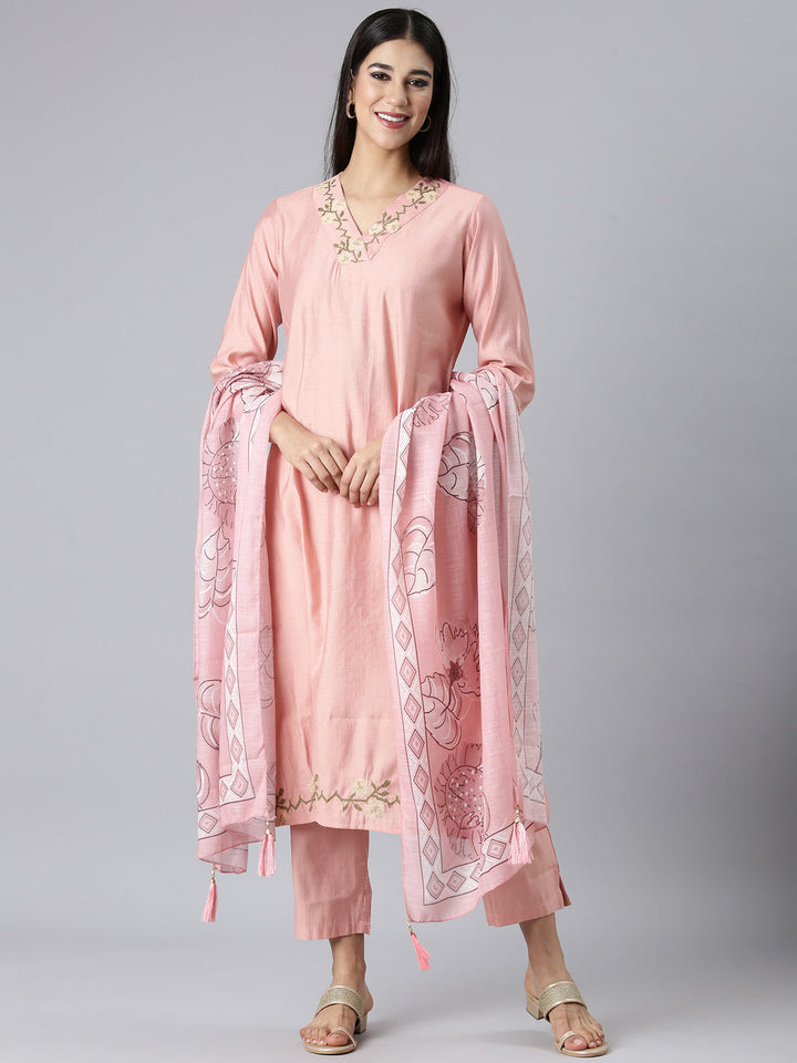 Neerus Peach Solid Straight Kurta and Trousers With Dupatta