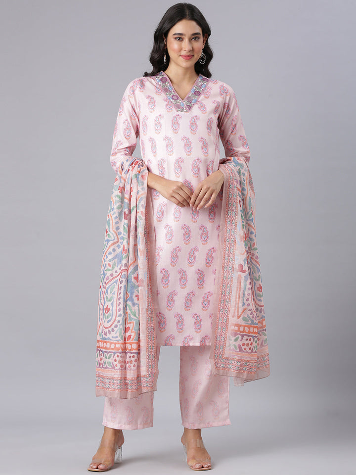 Neerus Peach Printed Straight Kurta And Trousers With Dupatta