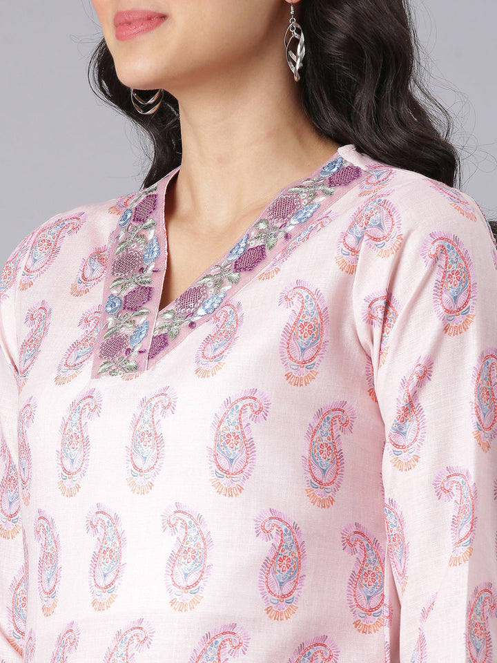 Neerus Peach Printed Straight Kurta And Trousers With Dupatta