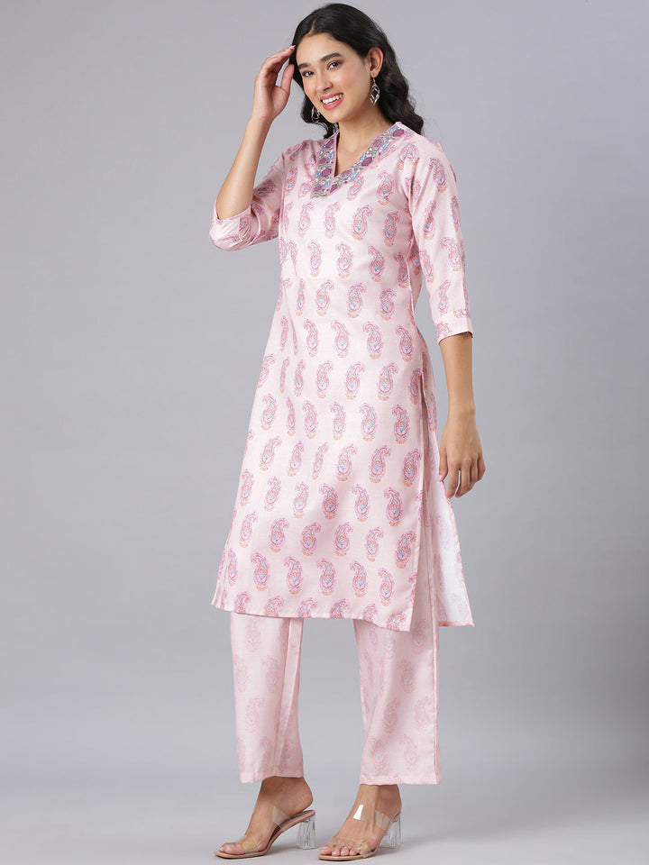 Neerus Peach Printed Straight Kurta And Trousers With Dupatta