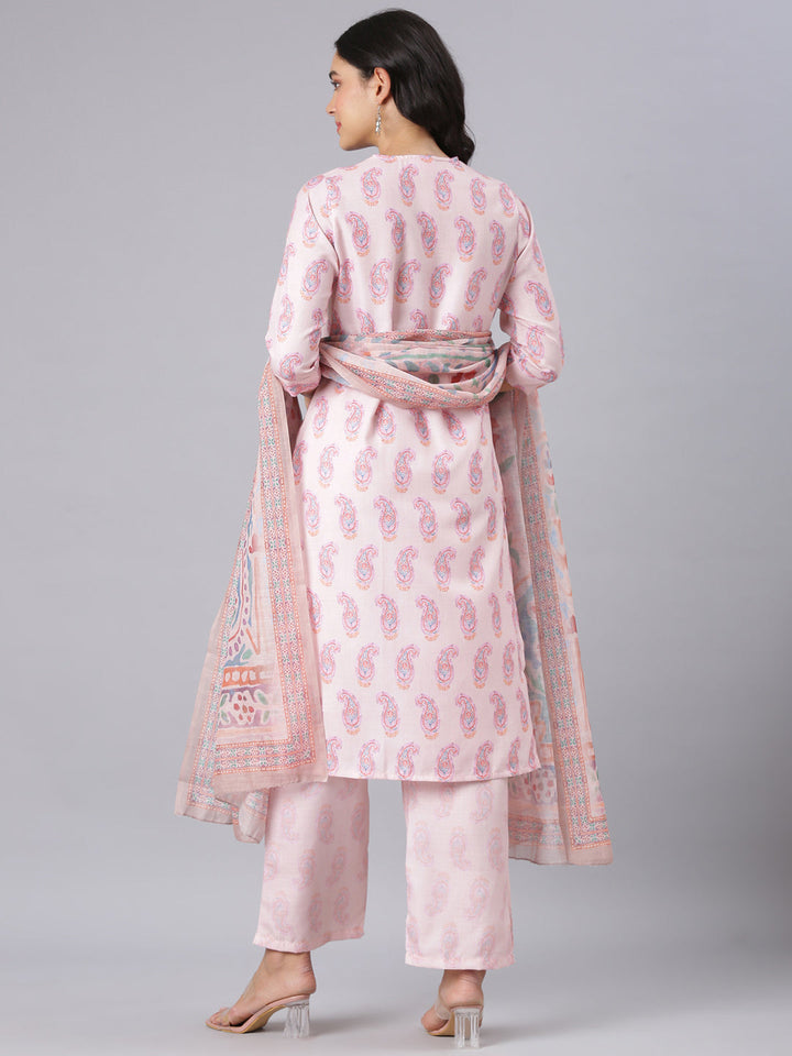 Neerus Peach Printed Straight Kurta And Trousers With Dupatta
