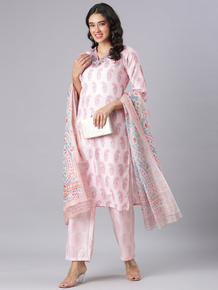 Neerus Peach Printed Straight Kurta And Trousers With Dupatta