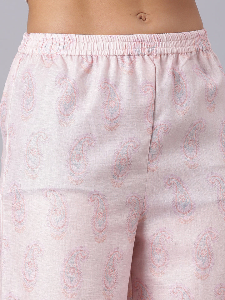 Neerus Peach Printed Straight Kurta And Trousers With Dupatta