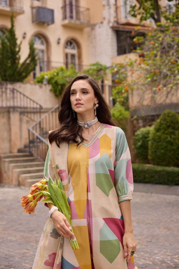 Neerus Cream Printed Kurta And Trousers With Dupatta