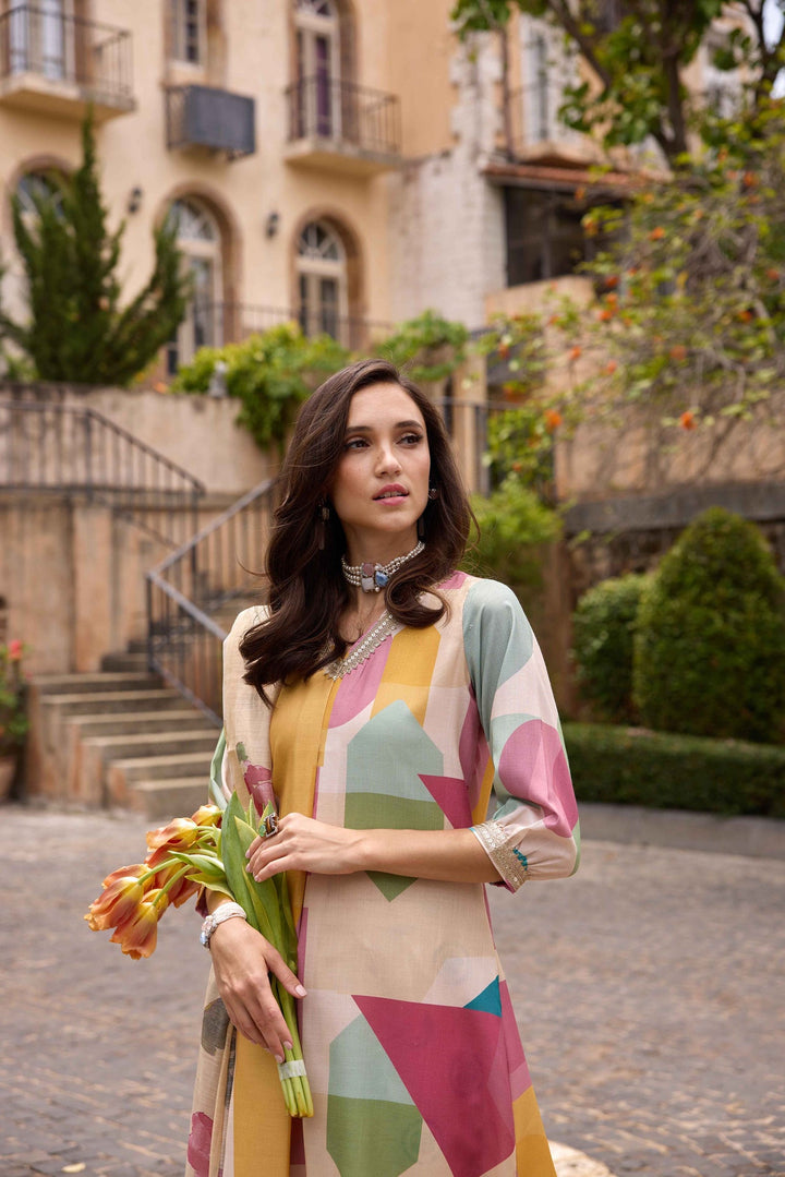 Neerus Cream Printed Kurta And Trousers With Dupatta