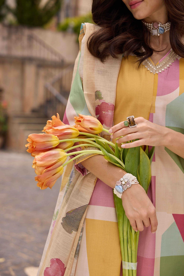 Neerus Cream Printed Kurta And Trousers With Dupatta