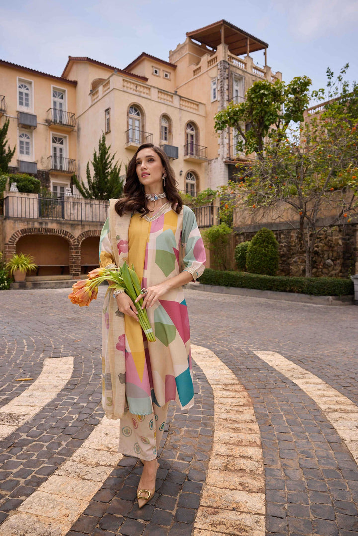 Neerus Cream Printed Kurta And Trousers With Dupatta