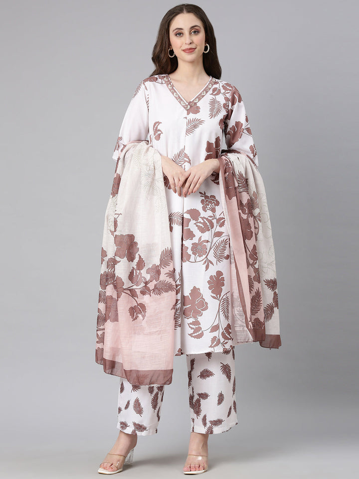 Neerus Brown Printed Straight Kurta and Trousers With Dupatta