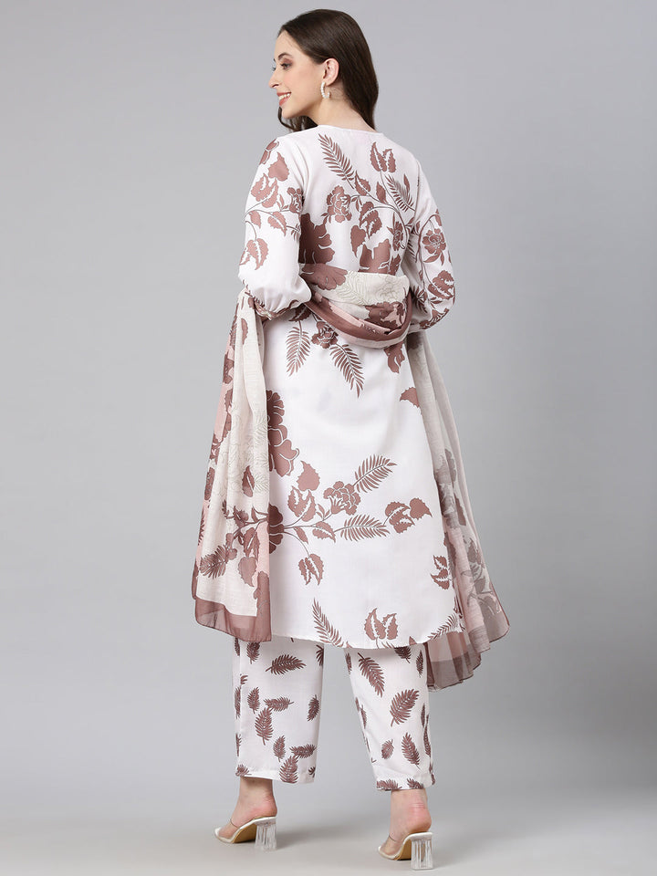 Neerus Brown Printed Straight Kurta and Trousers With Dupatta