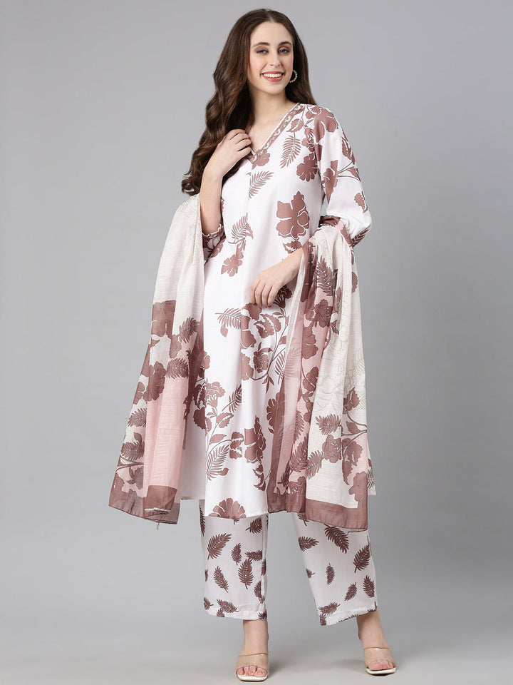 Neerus Brown Printed Straight Kurta and Trousers With Dupatta